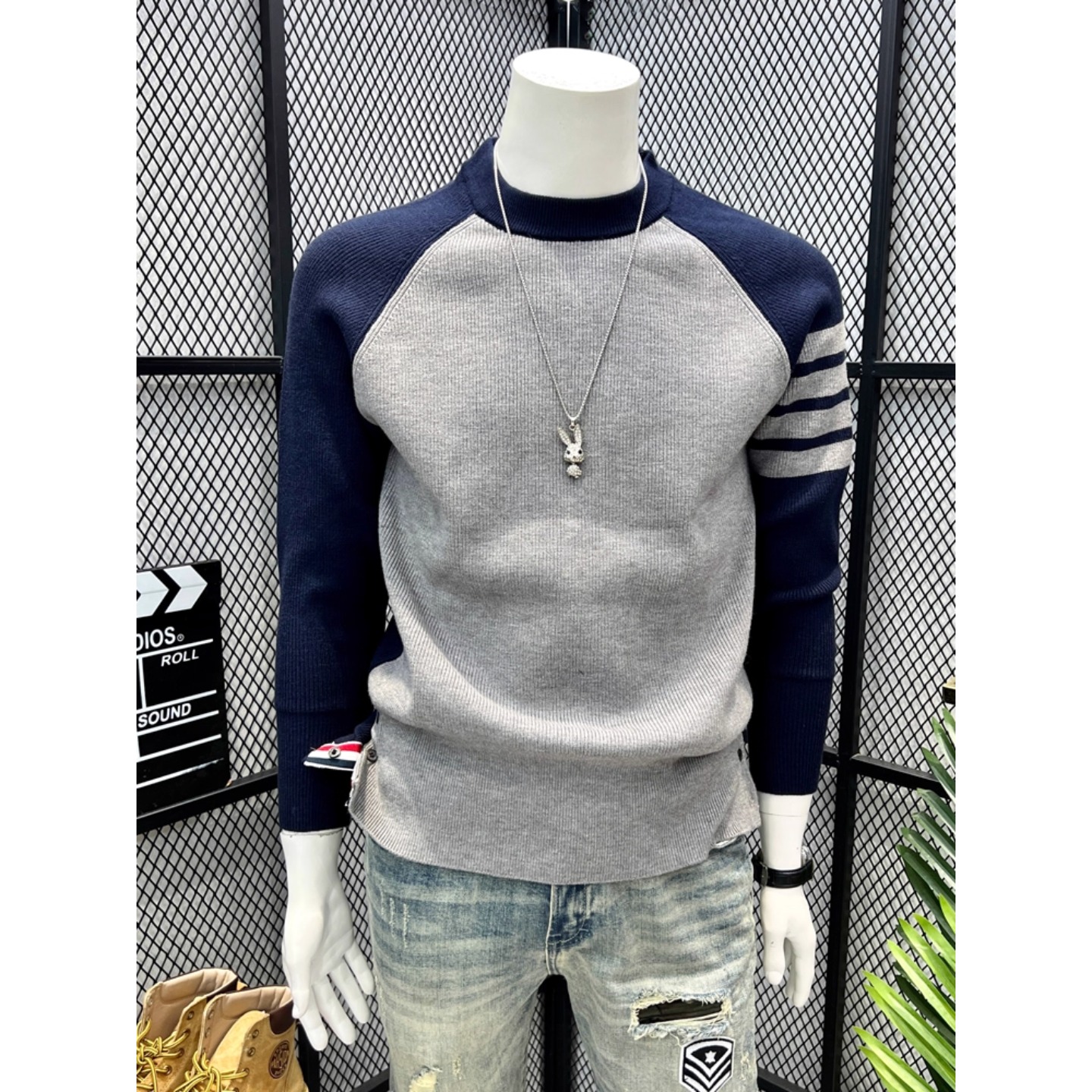 拼色毛衣男秋冬季插肩袖针织衫