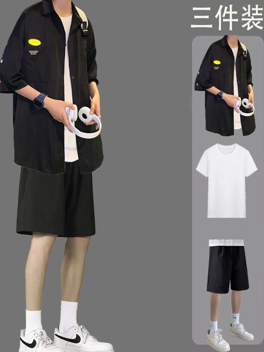 홍콩 스타일 남성 여름 캐주얼 슈트 한국 스타일 트렌디한 반팔 셔츠 반바지와 핸섬 세트 남성 쓰리피스 슈트