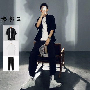 休闲套装男夏季薄款透气短袖衬衫潮流衣服男装一套搭配帅气三件套