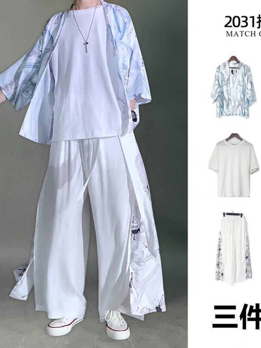 국가 동향 3 피스 여름 남성 HANFU 중국 스타일 고대 스타일 요정 가운 당나라 정장 인터넷 연예인 얼음 실크 정장 고대 의상