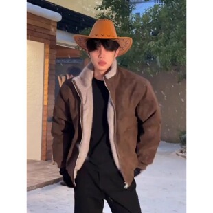 美拉德咖色立领PU皮棉衣外套男款冬季内里加绒座山雕短款棉服夹克
