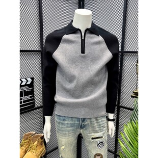 半拉链翻领毛衣男款秋冬季2025新款高端宽松拼接外穿长袖POLO衫男