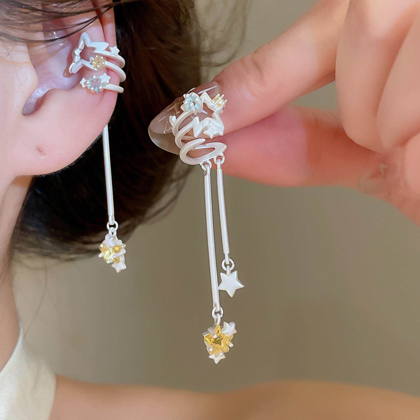 [爱丽丝梦境]星星锆石花环流苏珍珠耳夹女无耳洞法式耳骨夹耳饰女