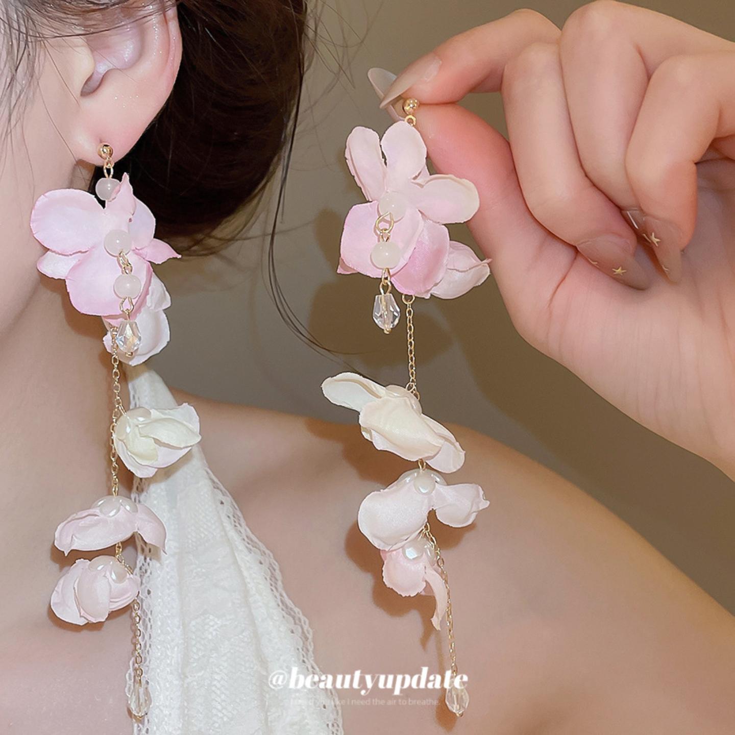 花花仙子布艺花朵水晶流苏耳钉|
