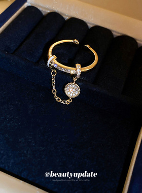 锆石镶钻滴油圆形链条流苏戒指轻奢时尚设计感百搭开口食指戒