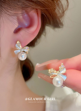 真金电镀银针镶钻锆石珍珠滴油耳环蝴蝶结耳钉气质时尚轻奢耳饰女