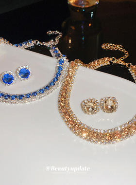 欧美重工镶钻圆形几何耳钉项链套装气质高级感锁骨链轻奢百搭首饰