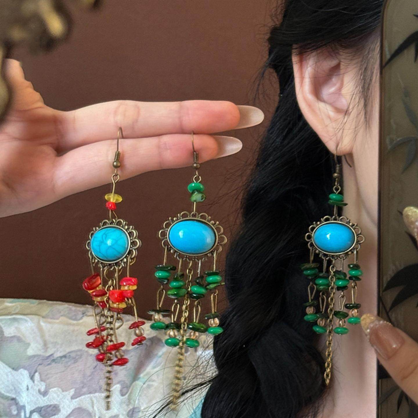 民族风石头不规则几何椭圆形流苏耳钩复古彩色耳环小众高级感耳饰