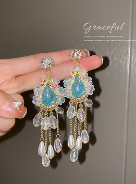 925银针欧美镶钻水晶珍珠流苏耳环长款吊坠气质耳坠复古设计耳饰