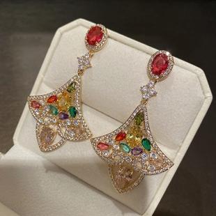 超闪锆石镶钻几何扇形爱心彩色耳环复古夸张耳钉轻奢高级感耳饰女