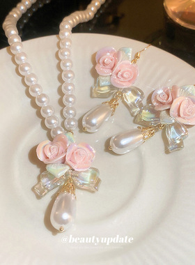 陶瓷花朵水滴珍珠耳钩甜美气质小清新耳环时尚百搭优雅耳饰女