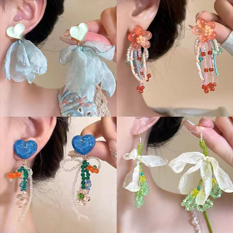 银针彩色人造水晶款花朵流苏耳环甜美清新耳钩耳坠韩系高级感耳饰