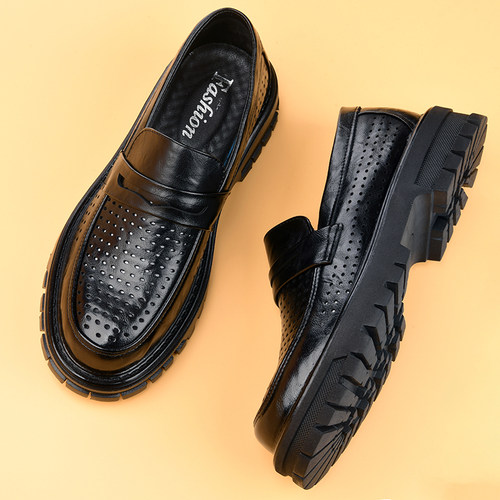 镂空皮鞋男士夏季透气一脚蹬圆头打孔软底休闲皮凉鞋男款2026新款