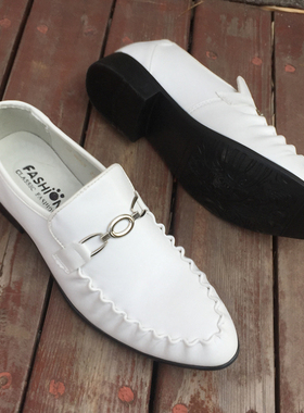 英伦尖头皮鞋男白色商务休闲鞋软皮男士影楼拍照青年韩版皮鞋夏季