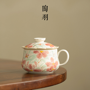 岩矿白手绘椿花泡茶杯家用陶瓷办公杯个人专用大容量带盖茶咖杯