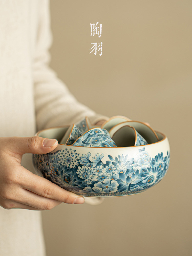 汝窑金万花茶洗家用开片水盂水洗杯洗茶道配件覆古洗茶器建水茶具