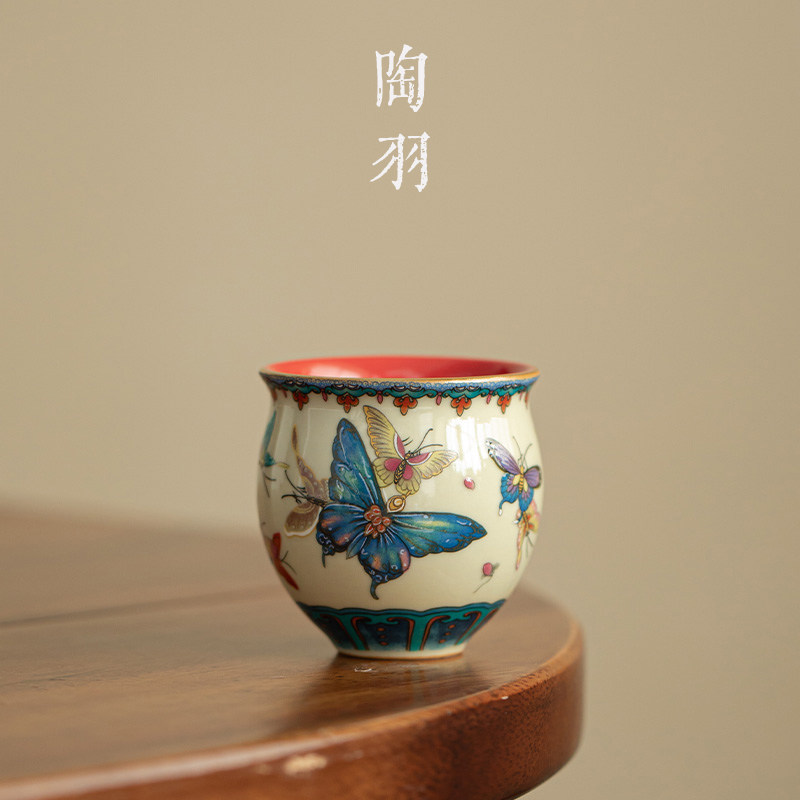 宫墙红蝶舞流光美人茶杯家用陶瓷主人杯新中式高档功夫茶具品茗杯