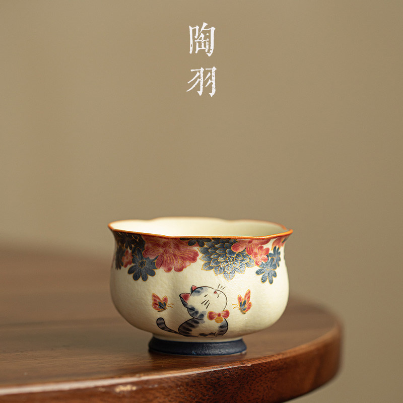 繁花猫咪品茗杯手绘陶瓷功夫茶杯家用中式茶盏个人专用主人杯茶杯