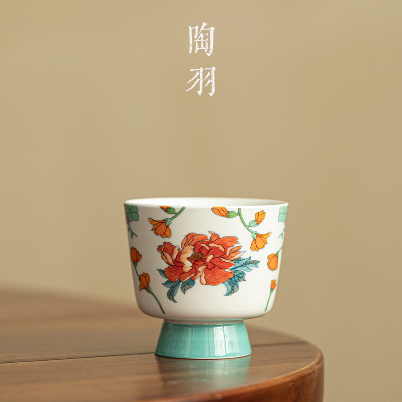 牡丹高足杯家用陶瓷茶杯主人杯