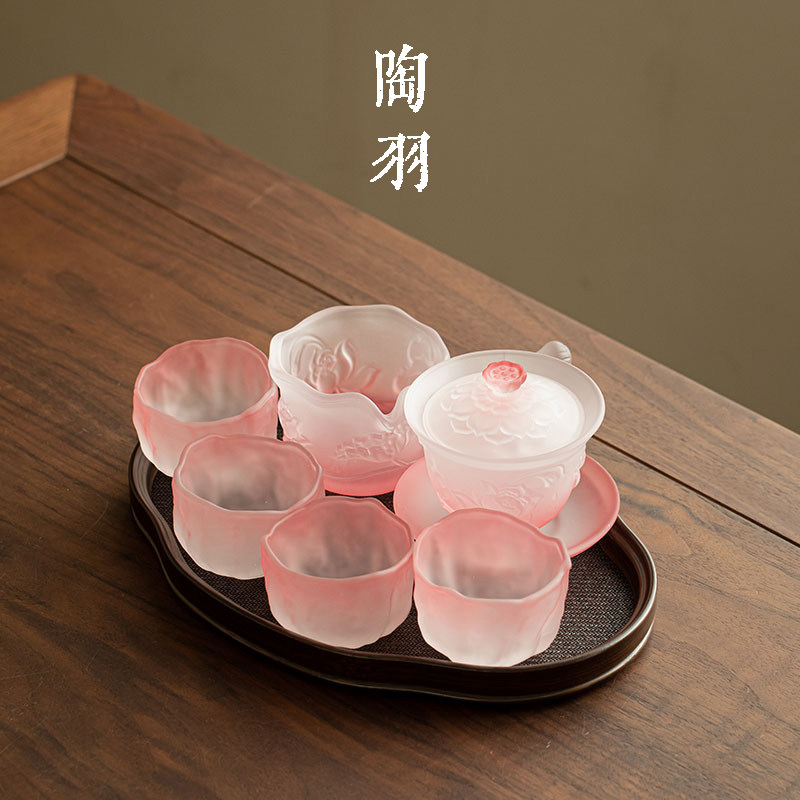 新中式粉雾荷塘月色三才盖碗家用防烫玻璃茶碗轻奢功夫茶具小套组
