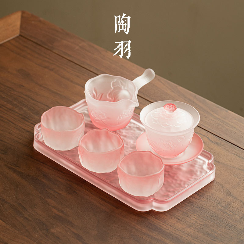 粉雾荷塘月色三才盖碗配四杯高档家用玻璃茶碗功夫茶具茶盘套组