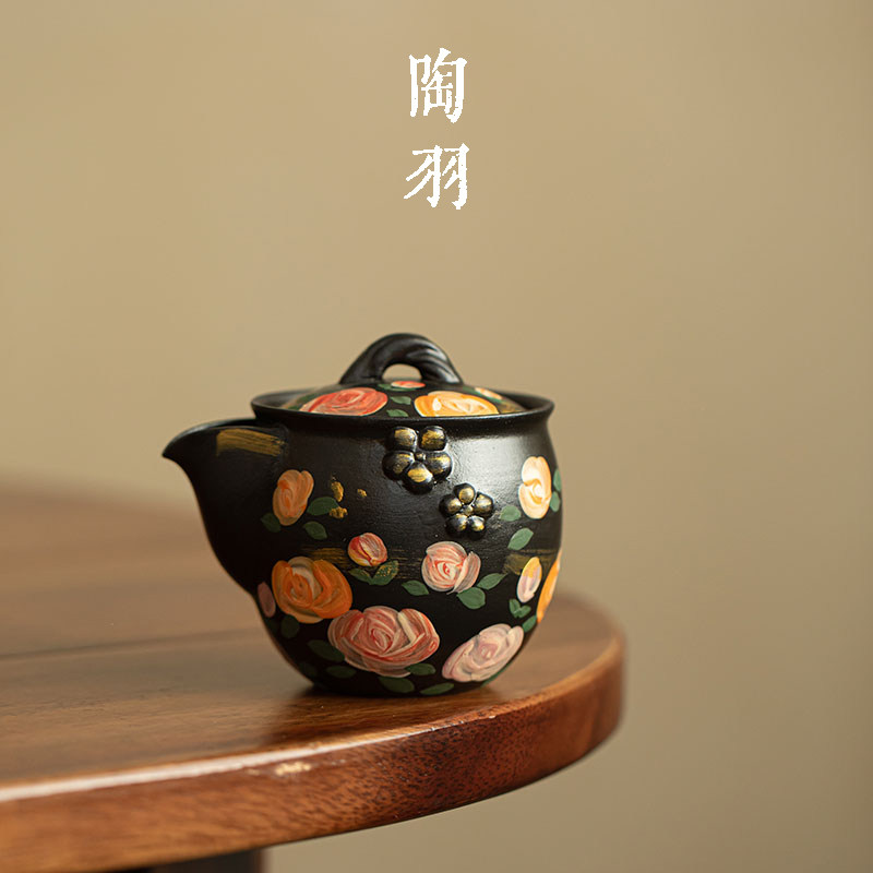 黑陶手绘玫瑰手抓壶家用陶瓷茶壶新中式功夫茶具泡茶器防烫泡茶壶
