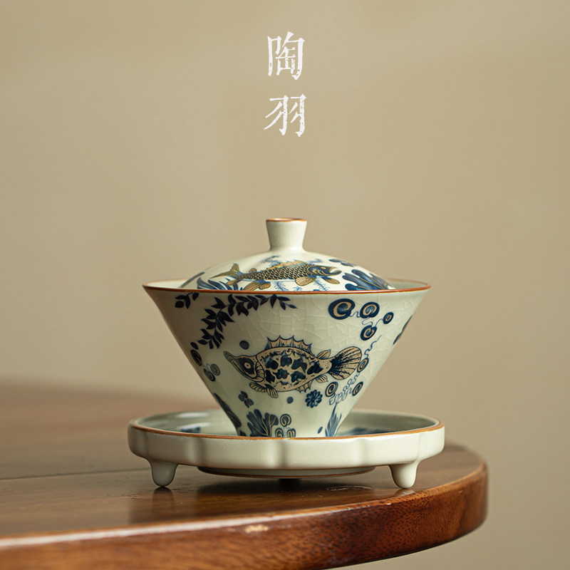 仿宋汝窑敦煌飞天斗笠盖碗家用防烫陶瓷茶碗复古功夫茶具泡茶碗