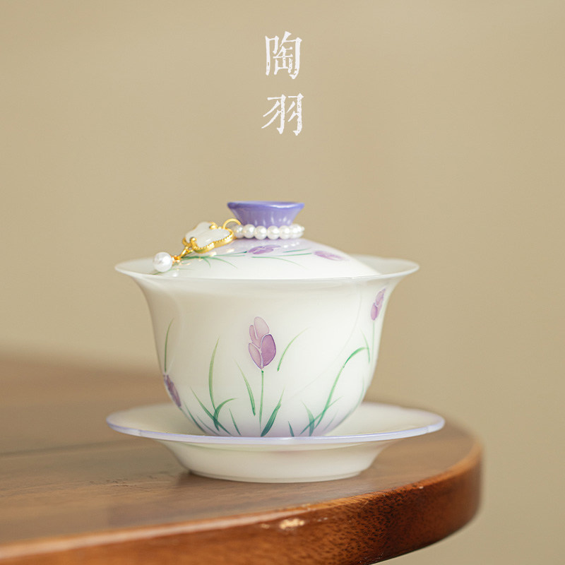 冰种璞玉瓷手绘郁金香花瓣三才盖碗中式陶瓷泡茶碗家用防烫敬茶碗