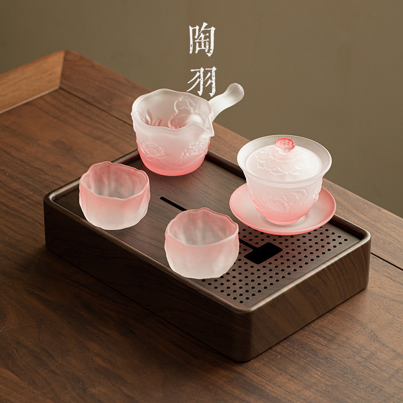 云涌上神盖碗浮熙茶盘小套组家用琉璃粉高温玻璃盖碗功夫茶具套装