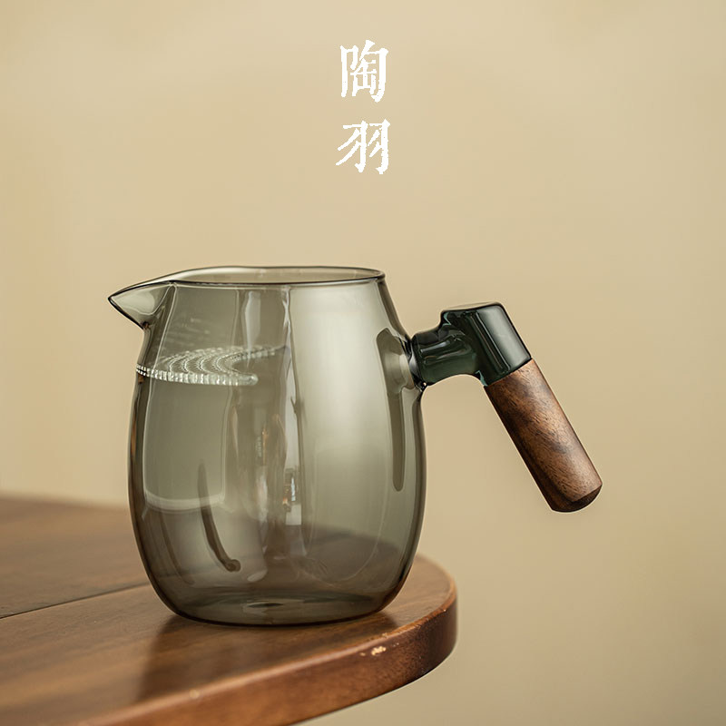 高硼硅玻璃烟月栖木公道杯家用耐热玻璃木柄分茶器轻奢功夫茶具