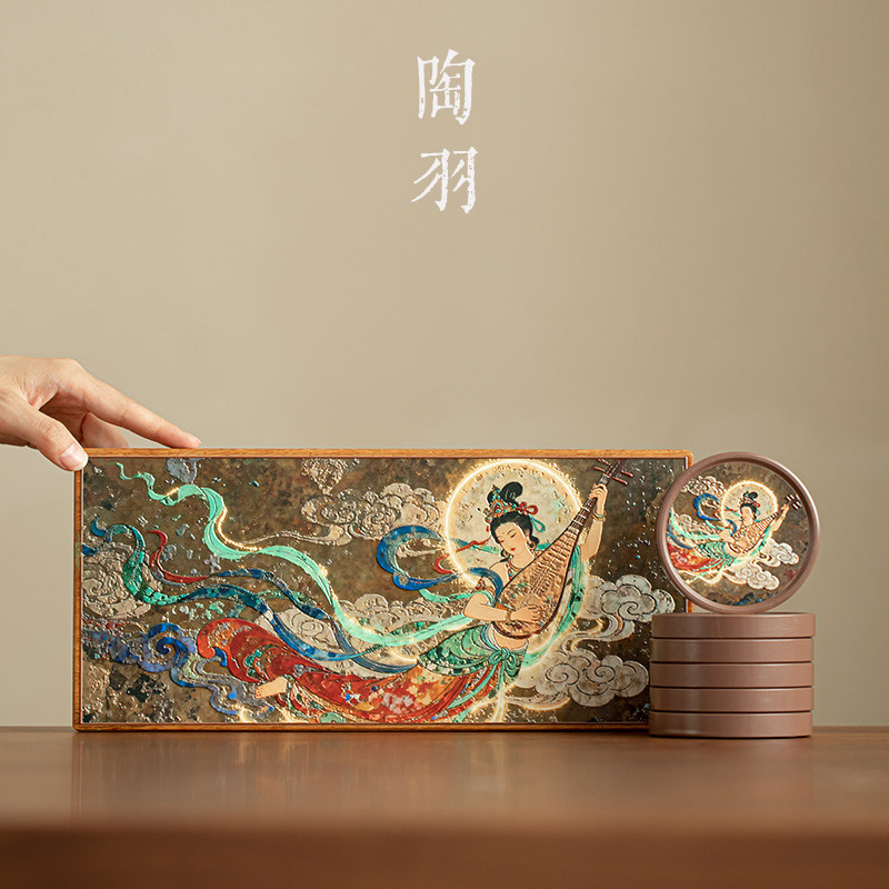 敦煌飞天云裳琵琶重竹干泡盘高档家用防烫杯垫轻奢功夫茶具竹茶盘
