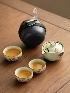 彷宋汝窑暗香疏影旅行茶具一壶三杯陶瓷泡茶壶茶杯户外便携式快客