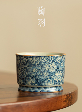 老陶泥青花万花容天杯家用陶瓷主人杯个人专用品茗杯功夫茶具单杯