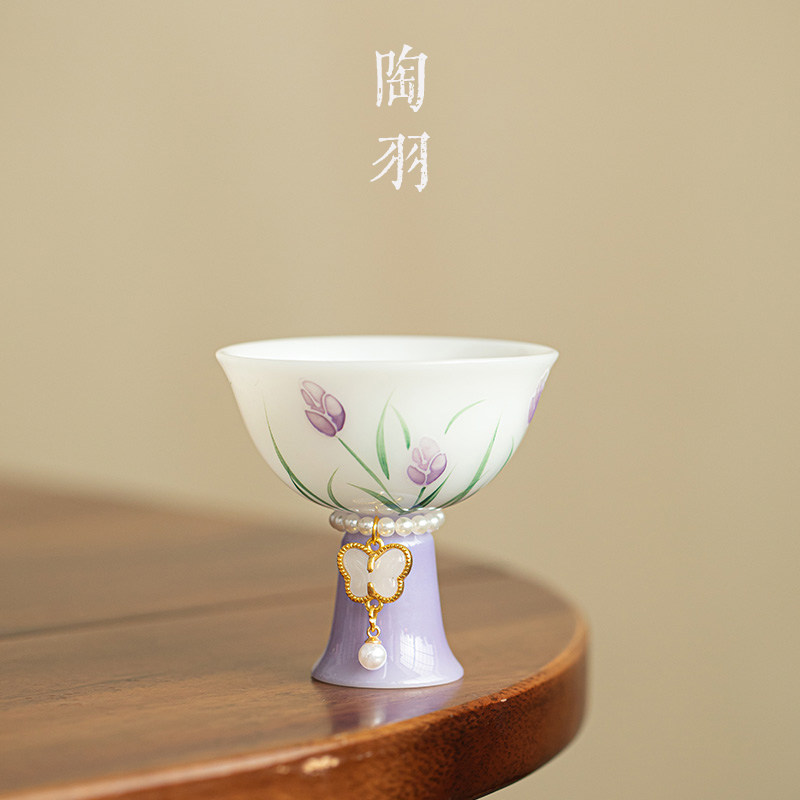 冰种璞玉瓷郁金香高足圆口杯家用防烫陶瓷茶杯功夫茶具手绘主人杯