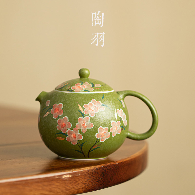 岩矿白红桃花描金西施壶家用抹茶绿陶瓷茶壶高档功夫茶具闷茶壶