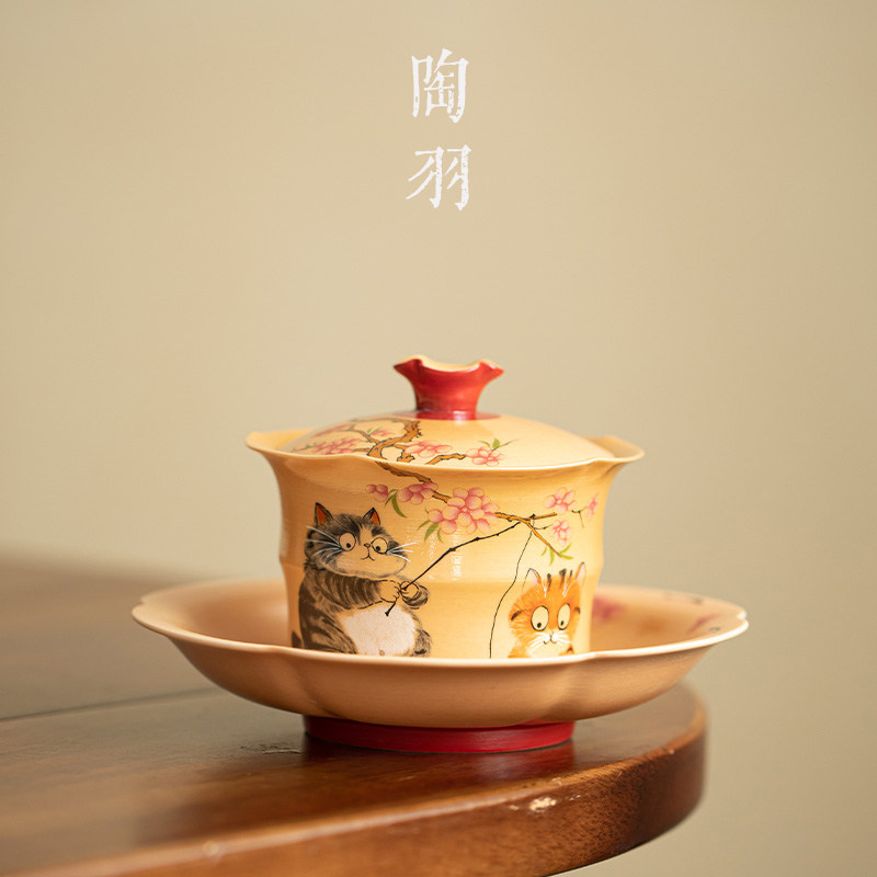 复古柴烧莲语三才盖碗高档桃枝喵语陶瓷茶碗家用功夫茶具泡茶碗