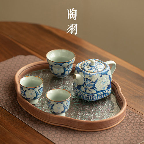 汝窑元青花四方壶家用陶瓷泡茶壶茶杯高档带茶盘功夫茶具套组茶盏