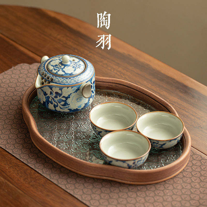 仿宋汝窑元青花双耳手抓壶一壶三杯陶瓷泡茶壶茶杯带茶盘功夫茶具