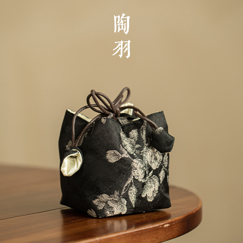 织锦墨锦寒梅拉绳包收纳袋茶壶茶杯布包新中式茶包茶艺结口绑绳款