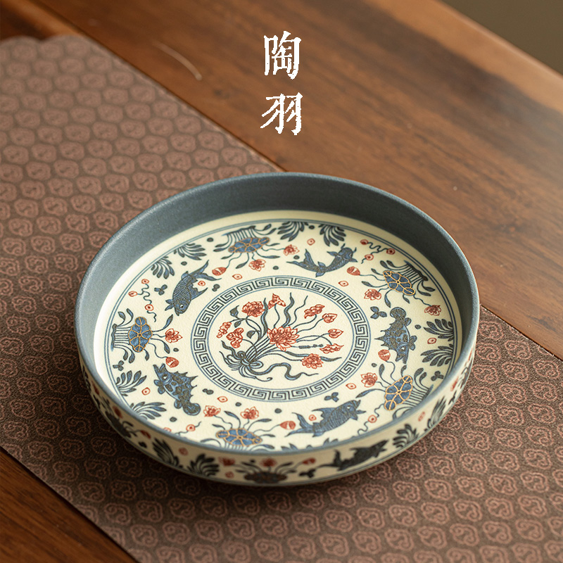 青花鱼藻纹园满壶承干泡台