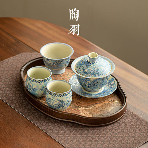 青花火石红敦煌飞天云栖盖碗小套组家用功夫茶具陶瓷盖碗茶杯套装