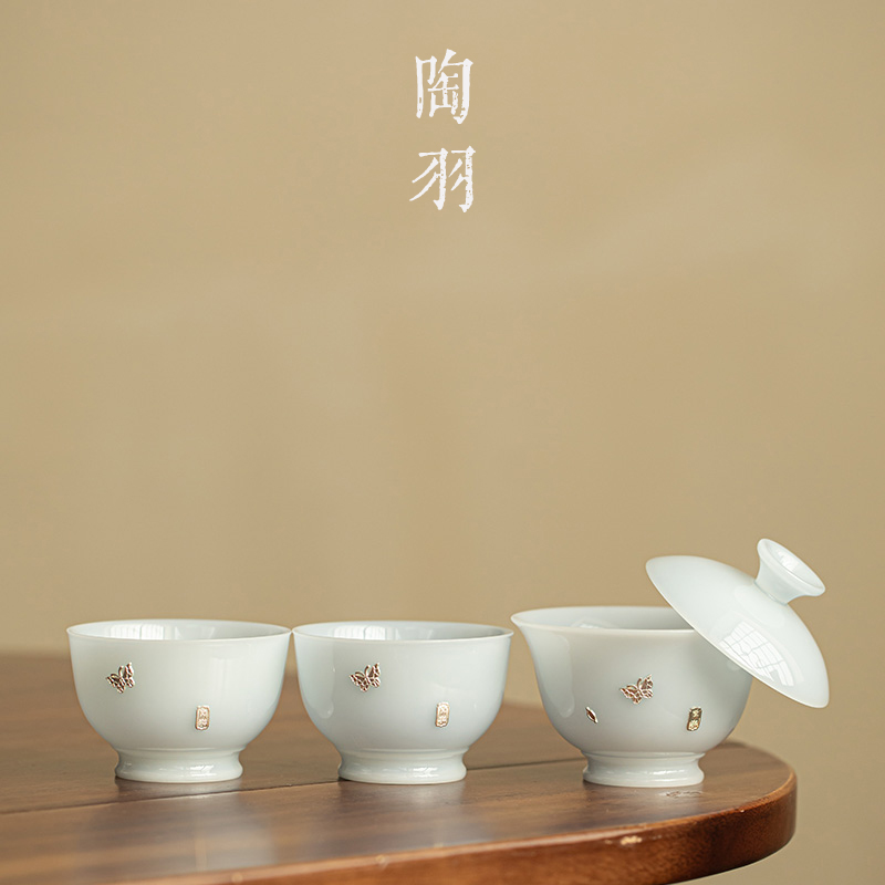 璞玉冰种玉瓷两才盖碗一壶两杯