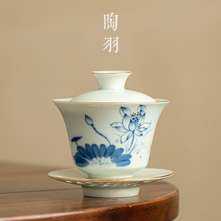 羊脂玉白瓷盖碗手绘荷花莲蓬大号三才碗家用功夫茶具防烫手泡茶器