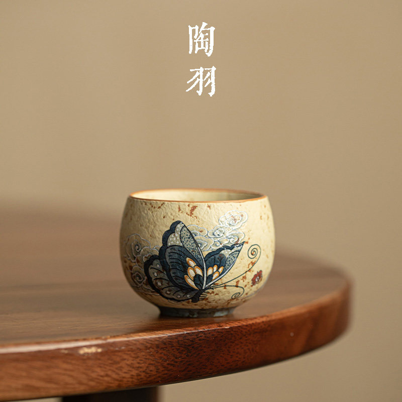 青花火石红焦糖云蝶陶瓷茶杯主人杯家用品茗杯高颜值功夫茶具单杯