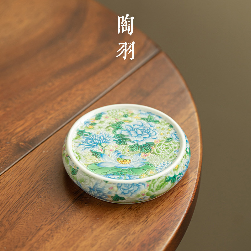 满堂锦绣万花牡丹盖置家用防烫陶瓷茶托功夫茶具圆形杯垫茶道配件