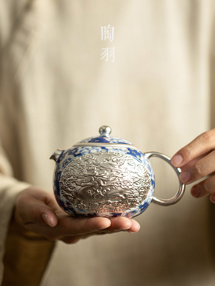 何赋森纯银壶龙凤西施壶手工浮雕青花茶壶鎏银功夫茶具家用泡茶壶