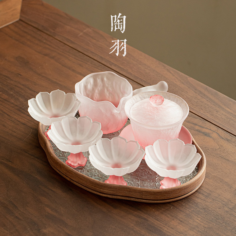 云涌上神盖碗海棠盘小套组高档耐热玻璃莲华杯琉璃粉功夫茶具套装