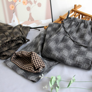 纯棉双层纱布宽松大码 长裤 家居裤 春秋夏季 男士 直筒薄款 格子睡裤