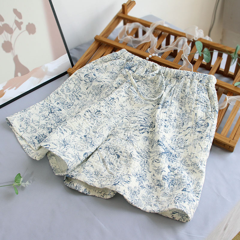 居家服短裤纯棉双层绉布棉纱女夏天散步裤子热裤可爱风纱布睡裤