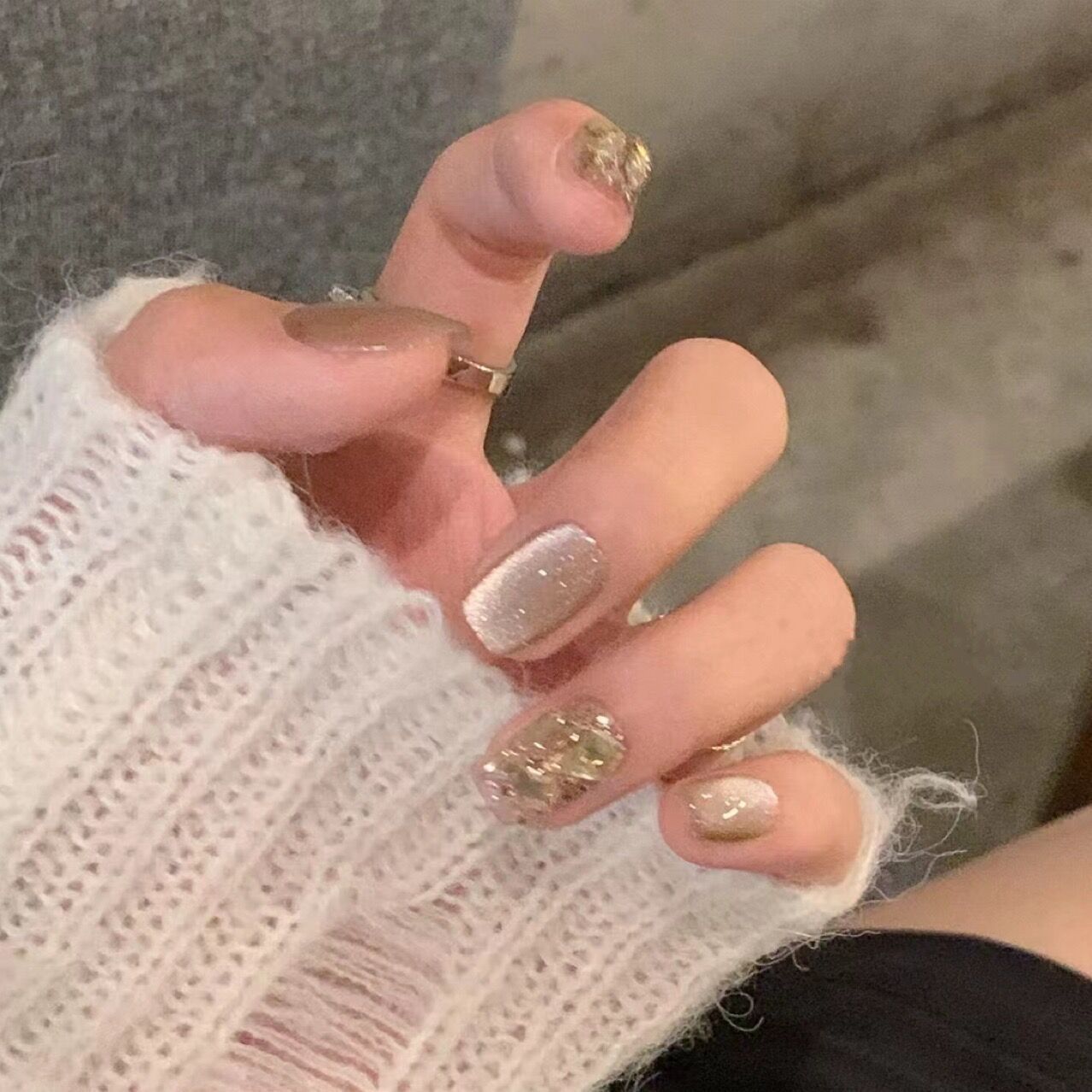 手工穿戴甲高级感香槟猫眼钻款可拆卸美甲轻奢风短款穿戴甲片30